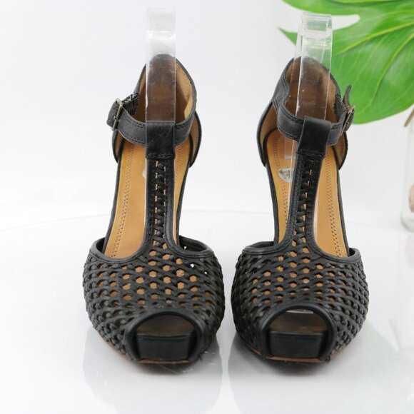 Frye Womens Gwen Sandal Size 9.5 Black Leather Woven T-Strap Wedge Heel Peep Toe - Picture 2 of 12
